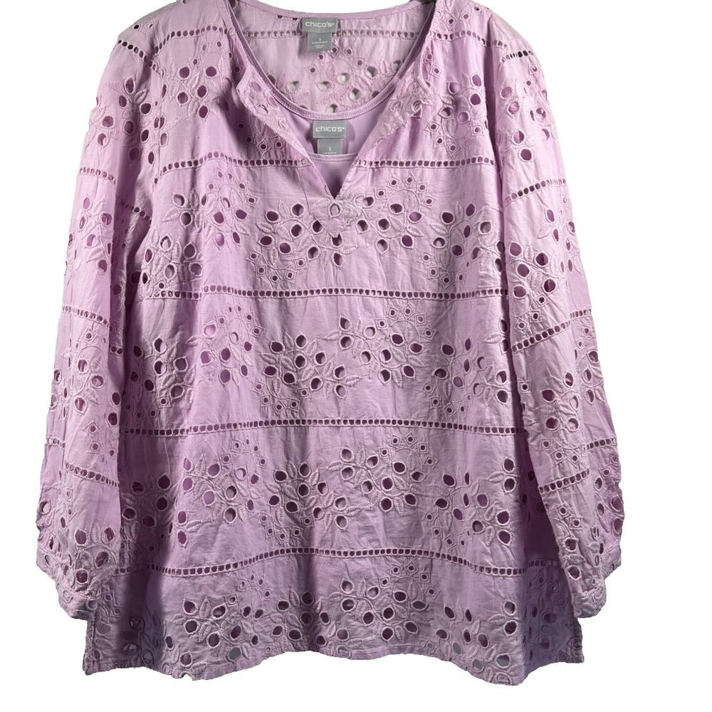 Chicos Top Layers Pink Eyelet Blouse and Tank Set Size 1 Medium 8/10 Long Sleeve